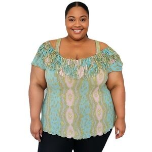 Kaelyn Max II Vintage Fringe Cold Shoulder Ribbed Blouse 2X Pastel Pink & Blue